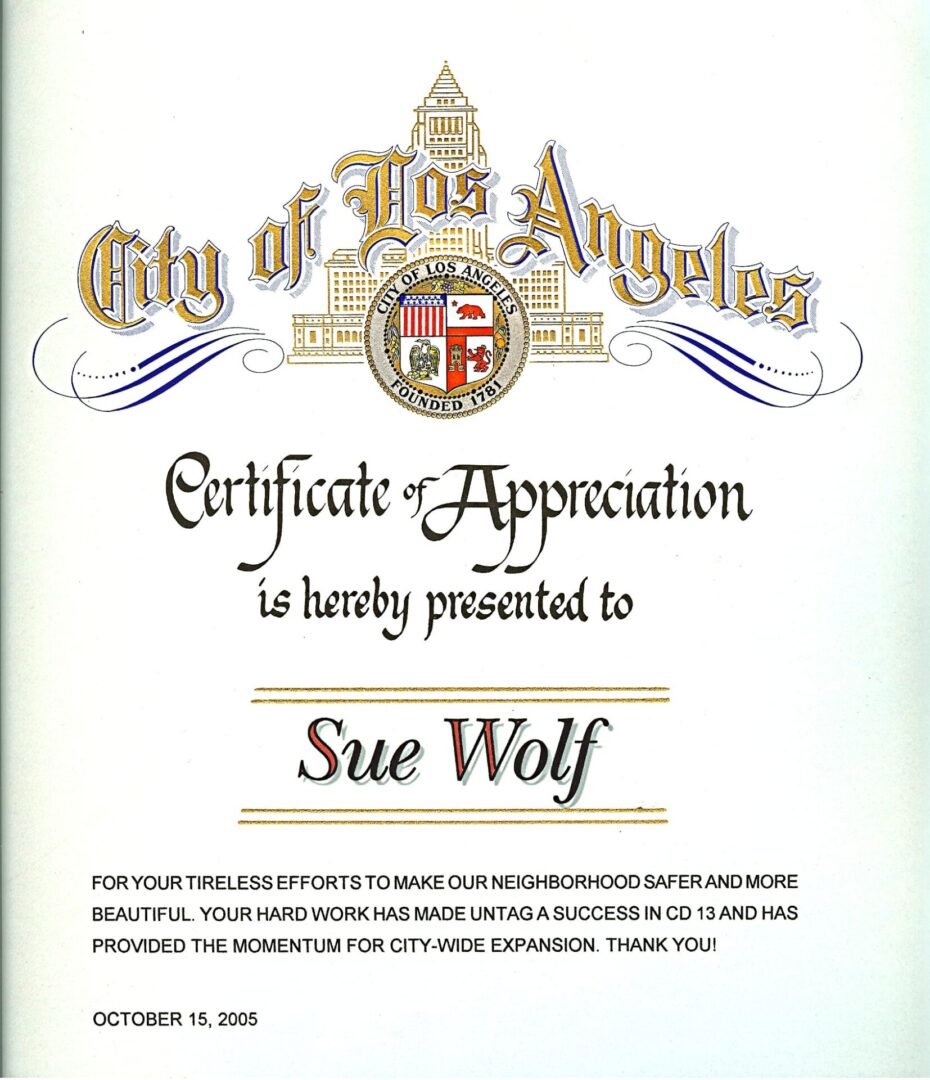 Sue-Wolf-City-Of-Los-Angeles-Award-2005
